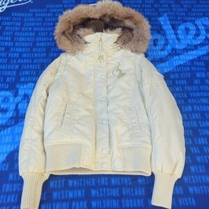 VINTAGE Y2K Baby Phat Women Puffer Jacket Gold Cat Logo Fur Hood Size Small